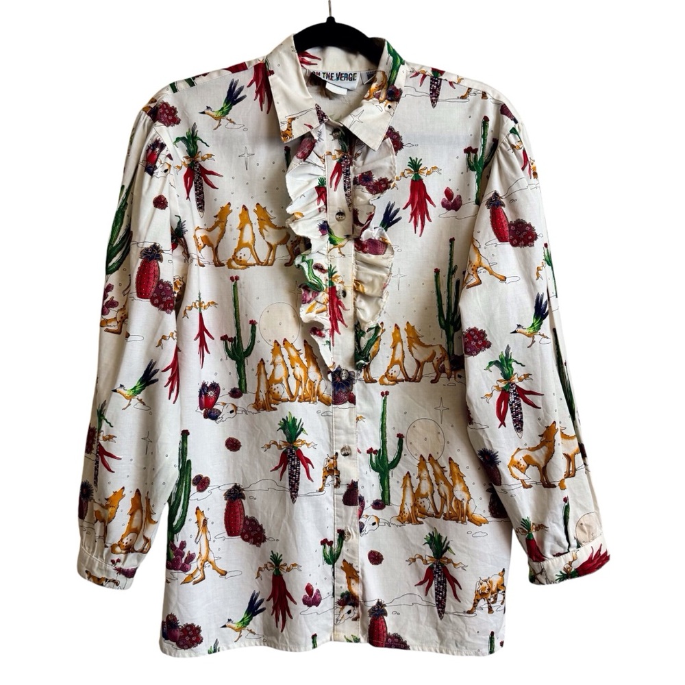 Vintage On The Verge Size Small Cowboy Western Cactus Ruffle Button Up Top